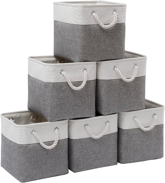 Cube Storage Bins, 6 Pack Collapsible Fabric Storage Cubes, 11 Inch Cube Organizer Bins with Handles (White/Gray)