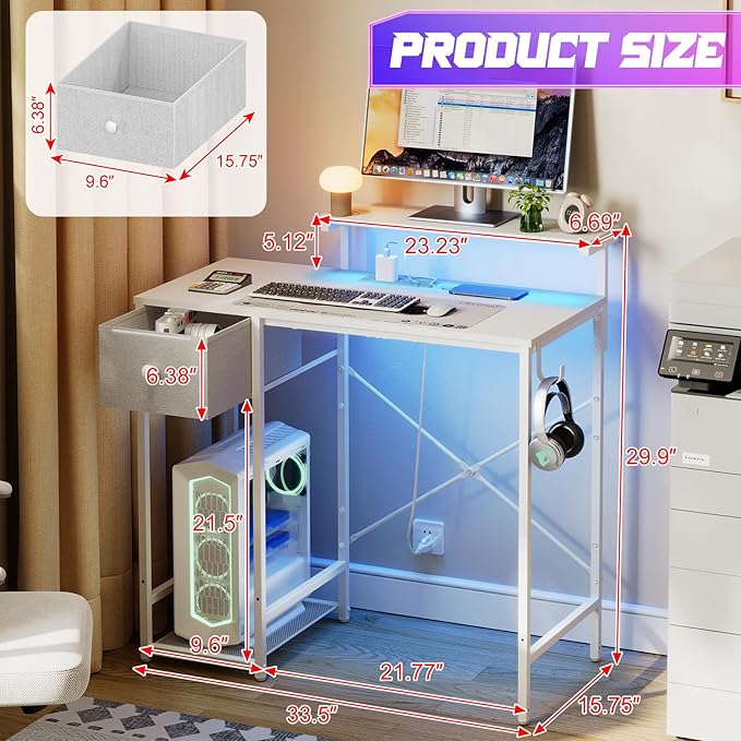 X-cosrack 33.5" Small Computer Desk with Monitor Stand & Outlets, Small Gaming Desk with LED Light & CPU Stand, Teen Study Writing Table with Storage Drawer, Side Hooks for Bedroom, Home Office White