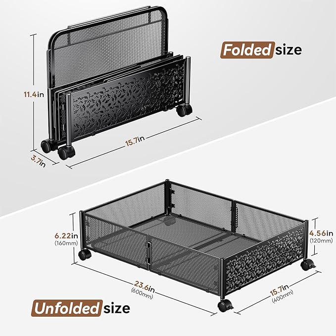 PHINOX Under Bed Stroage Container with wheels,Patterned,Metal,2 Pack,Black | Tool-free assembly, glide smoothly, easy reach, foldable, maxmazie low-profile beds, dorm, keep seasonal clothes, shoes fresh