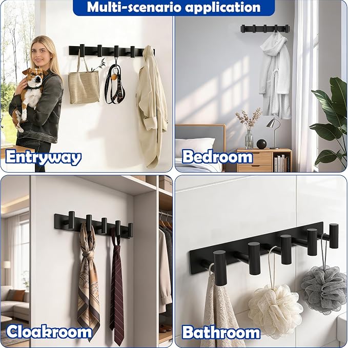 Matte Black Coat Rack Wall Mount - 5 Hooks, Heavy Duty Stainless Steel Wall Hooks for Towels, Coats, Robes, Bags, Hats, Keys, Wall Coat Hanger for Bathroom, Entryway, Kitchen, Hotel, Bedroom, Office