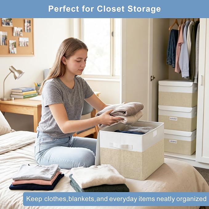 Bagnizer Large 22 Quart Linen Fabric Foldable Storage Bin Cube Organizer Basket with Flip-Top Lid & Handles, Clothes Blanket Box for Home, Office, Closet, Beige & White, 4 Pack 14.6 x 9.5 x 9.5”