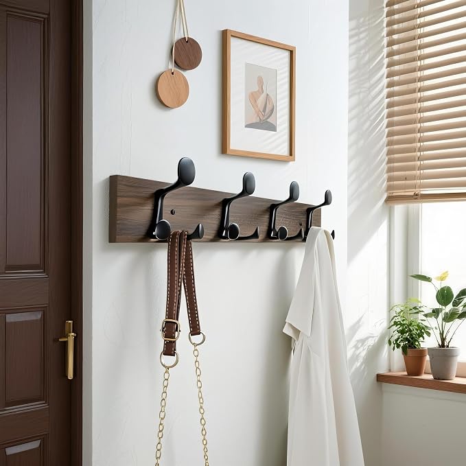 WEBI Coat Rack Wall Mount,24" Solid Wood Coat Hooks Wall Mounted Coat Hanger,16" Hole to Hole,Heavy Duty Hook Rack Rail,4 Triple Hooks for Hanging Coats,Jacket,Clothes,Hat,Weathered Brown,2 Packs