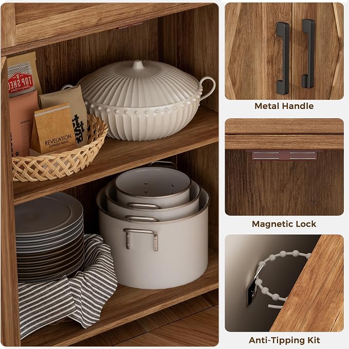 Homhedy Coffee Bar Storage Cabinet with Drawers, Kitchen Buffet Cabinet | Sideboard Cabinet with Doors, Farmhouse Buffet Cabinet, Adjustable Shelves, for Kitchen / Dining / Living Room, Rustic Walnut