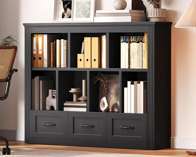 10 Cube Storage Organizer, Wooden Cubby Bookshelf, Cube Shelf Bookcase with 3 Drawers, Farmhouse Short Bookcase, 3 Tiers Floorstanding Open Bookshelf, Display Storage Shelves, Black
