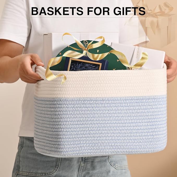 ICERZCZ Woven Cotton Rope Storage Basket for Organizing, Cute Decorative Baskets for Gifts Empty, Organizer Bins for Dog Toy, Baby Laundry, 15“×11”×9.5“, Off White & Blue