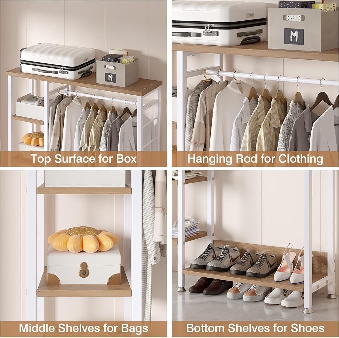 VECELO Open Garment Clothing Rack, Free-Standing Heavy Duty Storage Closet with 5 Shelves and Hanging Rod for Small Spaces, Max Load 350LBS, White Oak