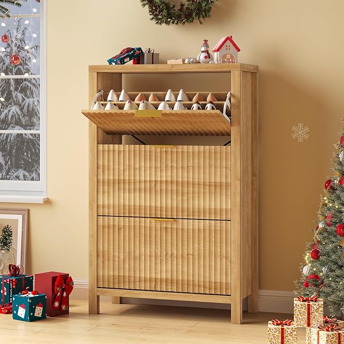 32" Fluted Shoe Cabinet Storage with 3 Flip Drawers for Entryway, Hallway | Hidden Shoe Rack Slim Freestanding Shoe Organizer with Legs for Hallway, Living Room, Oak