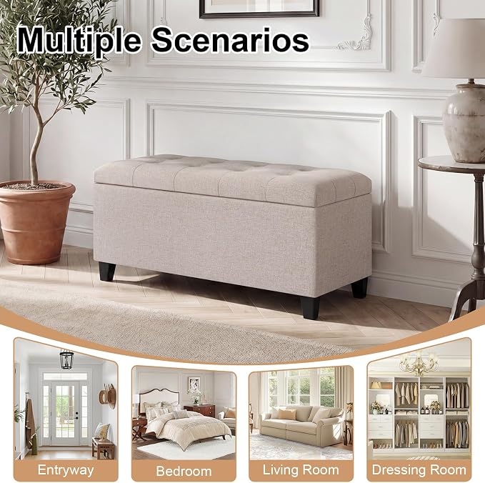 Storage Ottoman Bench, 33" Upholstered Tufted Linen Fabric Footrest Stool with Lift Top, Rectangular Storage Chest for End of Bed, Entryway, Living Room, Beige