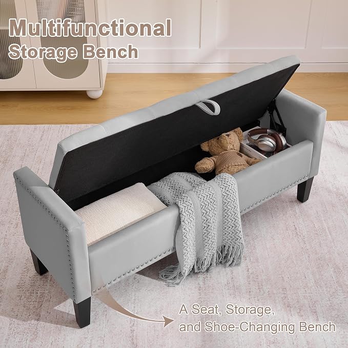 Storage Ottoman Bench, Velvet Upholstered Footstool for Bedroom and Living Room, Tufted Seat with Storage, Wooden Legs & Metal Rivets, Grey