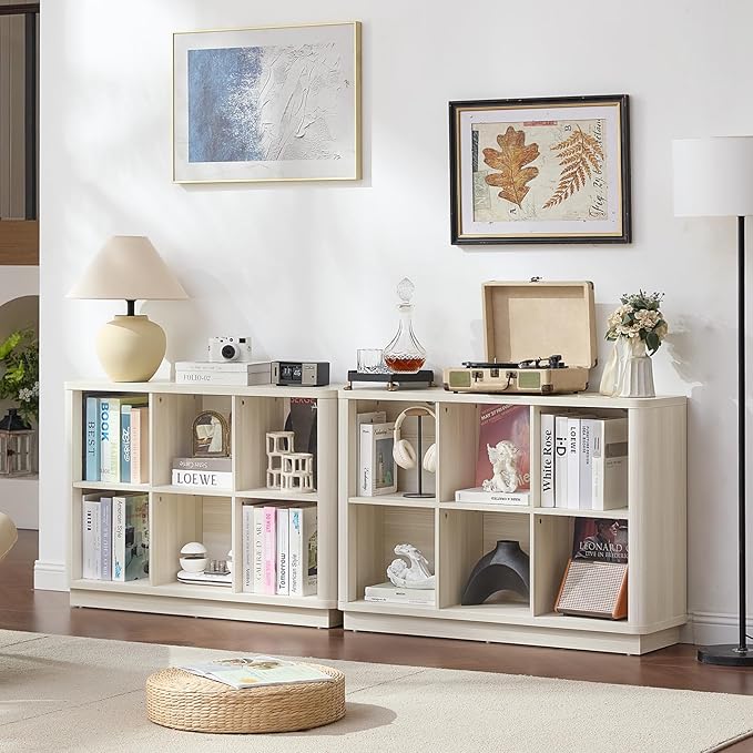 Joaxswe 6 Cube Bookcase, 40" Wide Horizontal 2-Tier Book Shelf w/Curved Edge, Wood Low Floor Standing Bookshelf with Base, Modern Short Storage Organizer for Living Room,Office, Gray-White Cream Oak