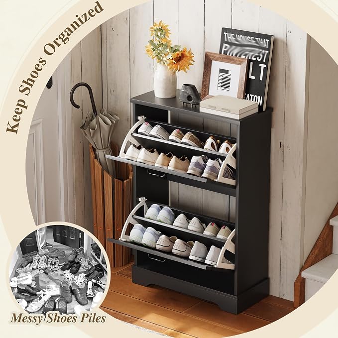 Semiocthome Farmhouse Shoe Storage Cabinet with 2 Flip Drawers, 23.6"(W) Freestanding Shoe Organizer with Barn Door and Metal Handles for Entryway, Corner Rustic Narrow Shoe Rack Cabinet - Black