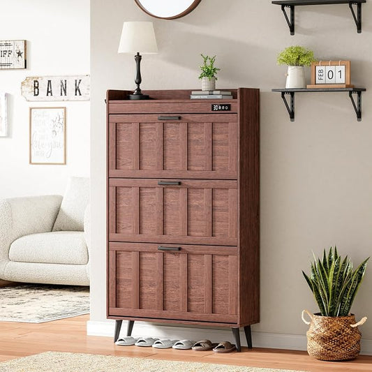 ChooChoo Shoe Storage Cabinet with 3 Flip Drawers and Deodorizer | Shoe Organizer Storage for Entryway, Freestanding Hidden Slim Narrow Shoe Rack Cabinet, Walnut