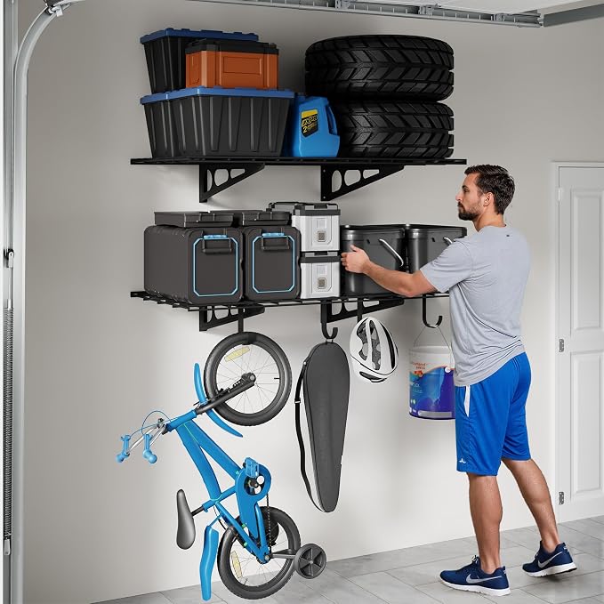 FLEXIMOUNTS 2-Pack 2x4ft Garage Shelving with Hooks, 600lbs Load, Black | 24-inch-by-48-inch Wall Shelf Garage Storage Racks Floating Shelves, Rustproof Seamless Grid Design, Classic Series