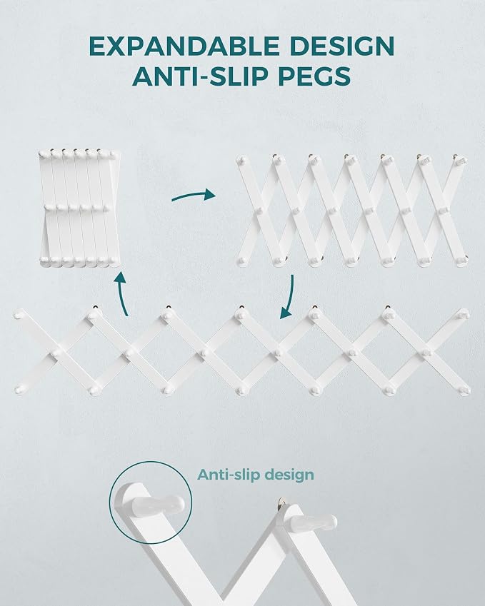 OROPY Accordion Wall Hanger with 20 Pegs, Expandable Wooden Coat & Hat Rack | White Color, Hat Display Rack, X Shape Rack for Coat, Hats, Bags, Baseball Caps, Coffee Mug, Jewelry