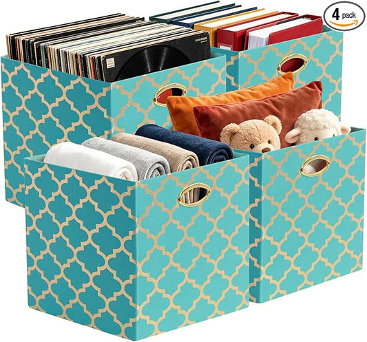Posprica 13x13x13 Storage Cube Bins, Collapsible Storage Bins Fabric Storage Cubes Organizer Baskets Box Drawers for Shelves, Closet, Wardrobe, Bookshelf, Cabinet, Sky Blue/Gold Lantern, 4 Pack