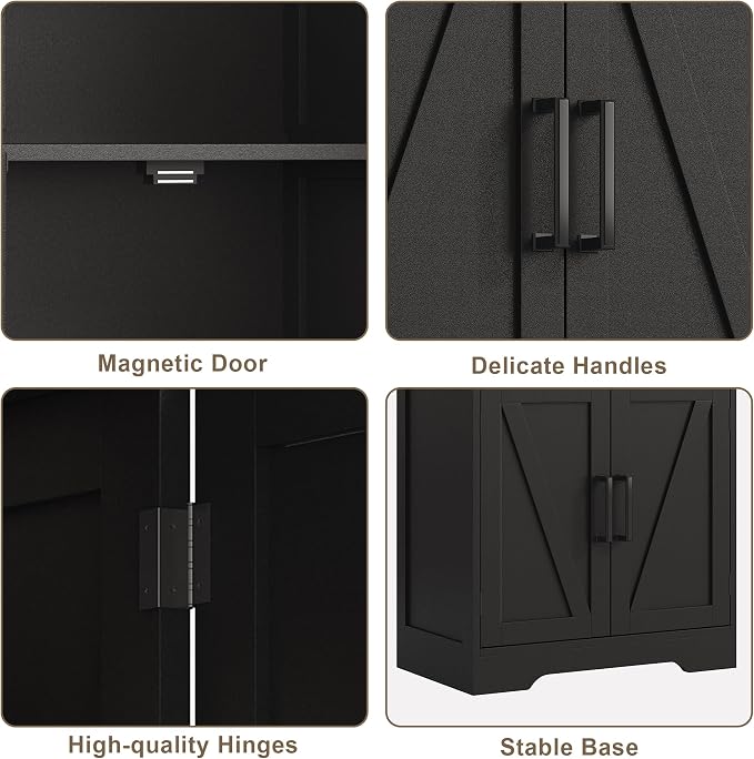 Treocho Farmhouse Bathroom Floor Cabinet with Adjustable Shelves | 13.78"D x 23.62"W x 43.46"H, Freestanding Kitchen Pantry Cabinet, Cupboard for Living Room, Dining Room, Black