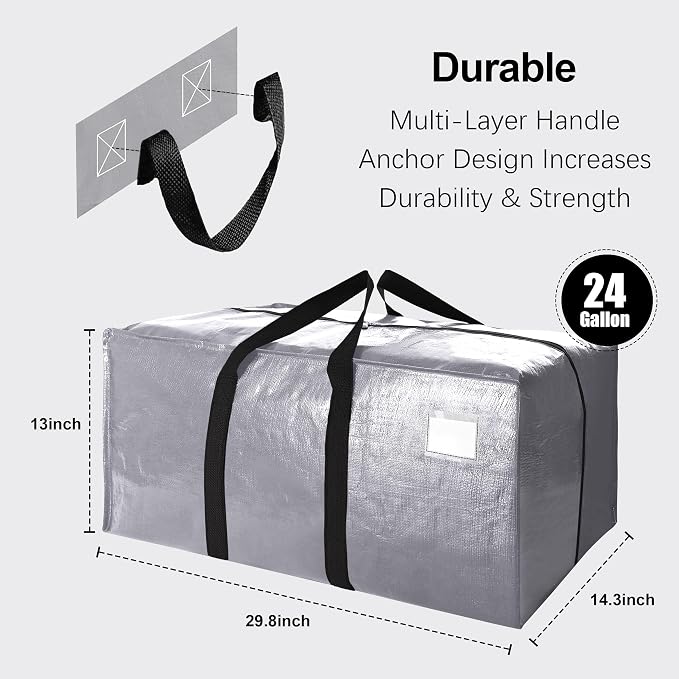 VELVETSURE 12 Pack Heavy Duty Extra Large Moving Bags W/Backpack Straps - Strong Handles & Zippers, Storage Totes For Space Saving, Fold Flat, Alternative to Moving Box and Storage Bin, Silver
