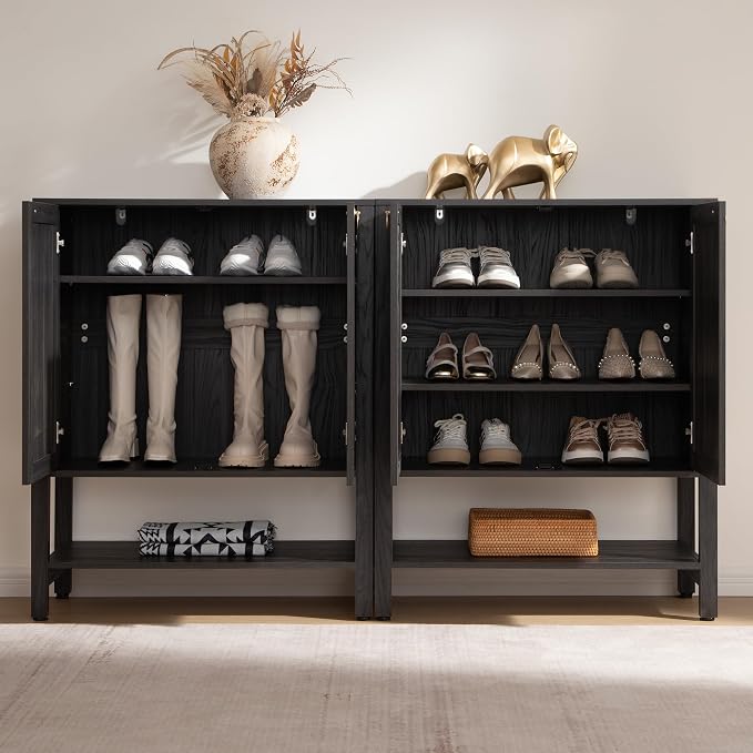 SICOTAS Shoe Storage Cabinet for Entryway, 5 Tier, 2 Pieces | Rattan Entry Shoe Organizer Cabinet with Shelves & Doors, Farmhouse Tall Shoe Rack for Hallway, Living Room, Closet Obsidian