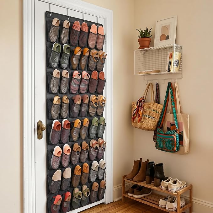 48 Pockets Over the Door Shoe Organizer, Large Mesh Hanging Shoe Rack, 6-Column Heavy Duty Shoe Storage for Sneakers and Heels, Behind Door Holder for Entryway Bedroom Dorm College, Black