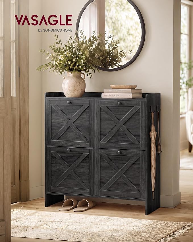 VASAGLE Shoe Storage Cabinet Organizer with 4 Flip Drawers, Freestanding Narrow Shoe Rack Cabinet for Entryway, Farmhouse Style, Fits 14 to 16 Pairs, Smoky Black UHSC403BJ01