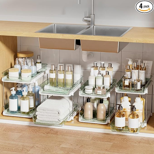 Delamu 2-Tier Multi-Purpose Bathroom Under Sink Organizers and Storage, Stackable Kitchen Pantry Organization, Pull Out Medicine Cabinet Organizer with Movable Dividers, Light Green, 4 Pack