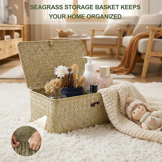 Nonam Storage Basket with Lid, Natural Seagrass Bin with Lid Set of 2, Shelf Baskets Multipurpose Container for Boho Decoration, Rectangular Household Storage Boxes for Home Organization-White