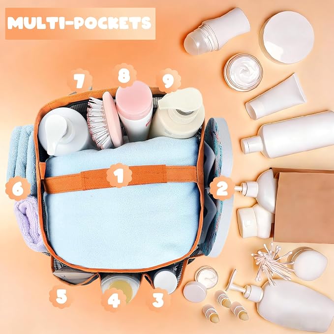 Mesh Shower Caddy Portable - 9 Pockets for College Dorm Room Essential | Large Capacity Mesh Shower Caddy with 9 Pockets, Portable Hanging Toiletry Bag for College Dorm, Gym, Camping and Beach