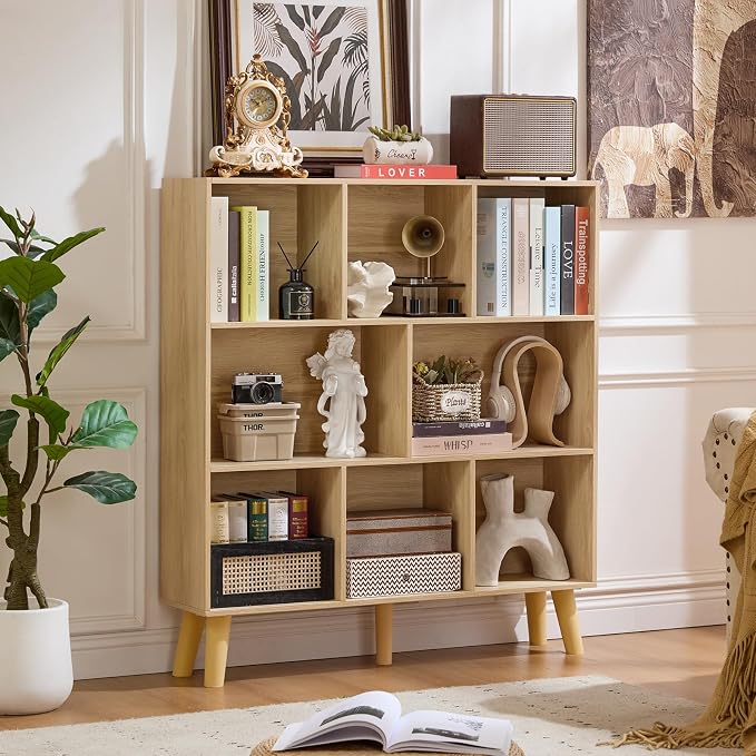 LEYAOYAO 8 Cube Bookshelf,Mid-Century Modern Bookcase with Legs,Light Wood | 3 Tier Book Shelf,Rustic Wood Bookshelves Freestanding Large Storage Organizer, Open Shelves for Bedroom, Living Room, Office