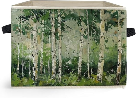 Modern Abstract Birch Tree Storage Box Bins, Green Forest Nature Landscape Collapsible Storage Basket Organizer for Bedroom Laundry Room Home Clothes Books, Decor for Room