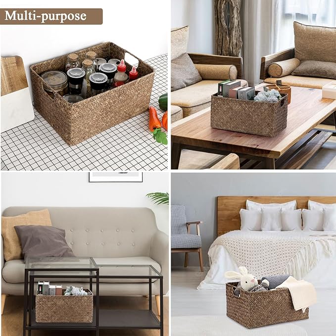 Hipiwe Wicker Storage Bin Handwoven Opened Baskets for Shelf Organizing | Rectangular Decorative Basket, Seagrass Closet Bedroom Organizer Bin Box Multipurpose Storage Basket with Handle