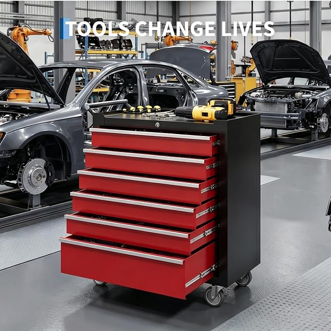 Garvee Rolling Tool Chest, 6 Drawers Tool Storage Cabinet, Toolbox with Wheels, Portable Tool Cabinet Organizer with Locking System & Drawer Liners, Tool Storage Cart for Garage, Workshop, Black＆Red