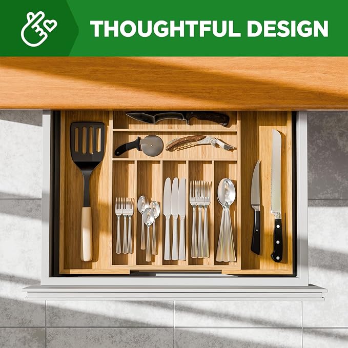 Simple Trending Expandable Bamboo Kitchen Drawer Organizer, Natural | Adjustable Silverware Organizer with 9 Compartments, Practical Utensil Cutlery Tray for Flatware, Flexible Storage