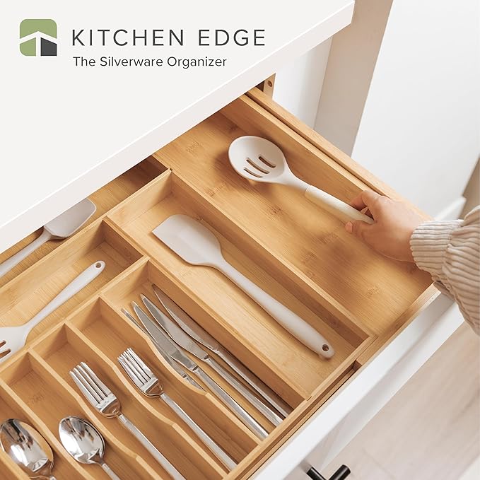 KitchenEdge Silverware & Utensil Drawer Organizer, 16-28 in, Bamboo | Cutlery, flatware, food-safe contract grade, kitchen drawer fit
