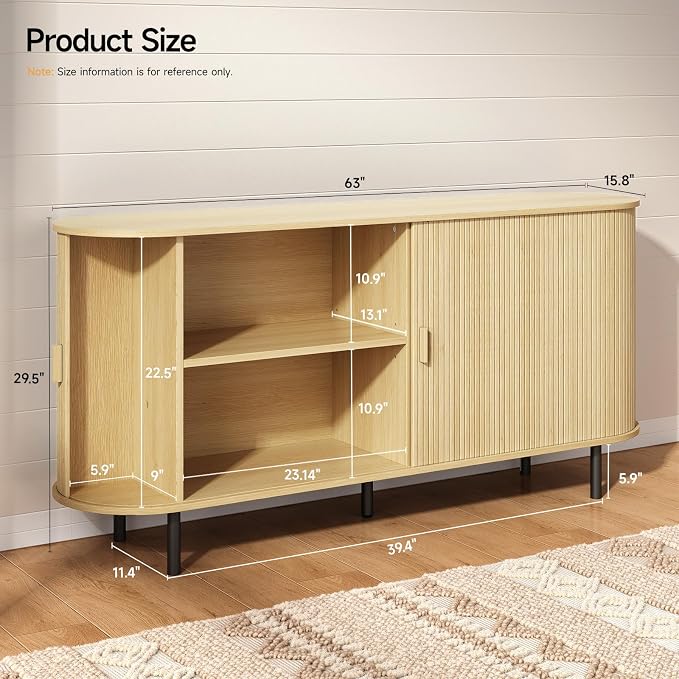 63" Sideboard Buffet Cabinet with Storage, Storage Cabinet with Sliding Door & Adjustable Shelf, Modern Accent Coffee Bar Console Table for Kitchen, Entryway, Oak