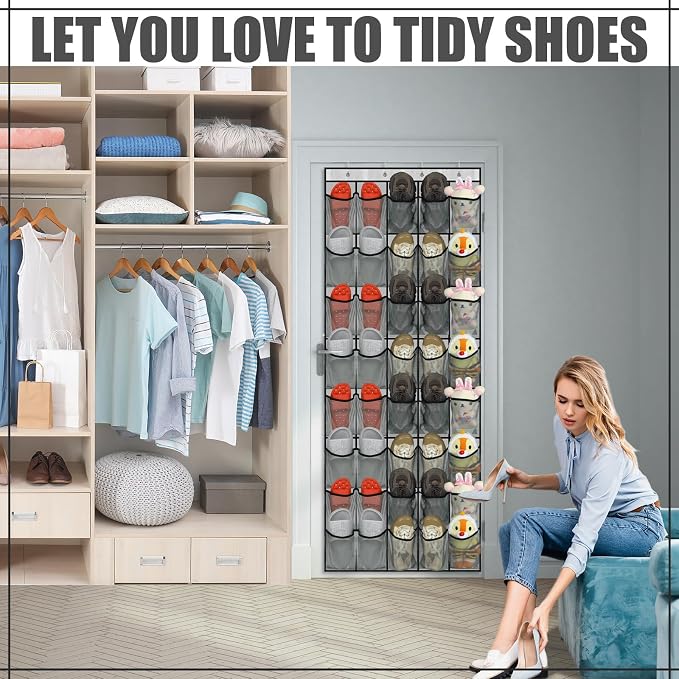 Windyun 2 Pcs 40 Pocket Over The Door Shoe Organizer Large Breathable Mesh Hanging Shoe Rack for Closet Space Saving Shoes Storage Holder Hanger for Dorm Room Bathroom Bedroom Entryway (Gray)