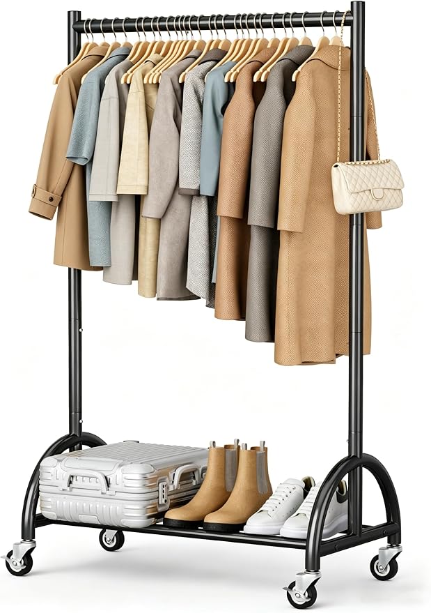 MISSLO Heavy Duty Clothing Rack with Wheels Rolling Clothes Racks for Hanging Clothes, Coats, Garment, Dress, Black, 30" W
