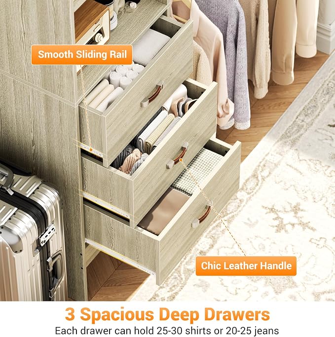 Homieasy 96 Inches Closet Organizer System, 8FT Customizable Walk In Closet Organizer with Hanging Rods, 3 Leather Handle Drawers Garment Rack, 96" L x 16" W x 75" H, Max Load 1000 LBS, White Oak