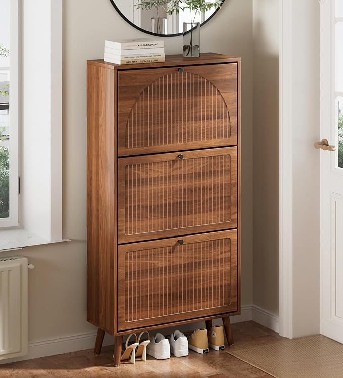 Fsbecl Shoe Storage Cabinet for Entryway with 3 Fluted Flip Drawers, Walnut | 23.6'' Narrow Freestanding Shoe Rack with Adjustment Shelves, Wooden Hidden Organizer for Hallway Foyer, 12-18 Pairs
