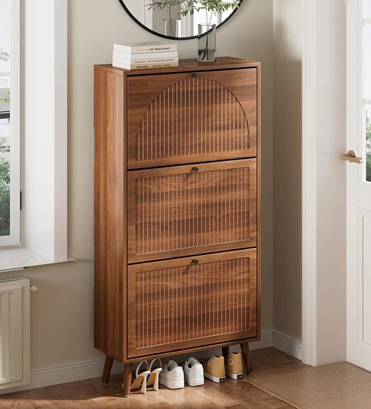 Fsbecl Shoe Storage Cabinet for Entryway with 3 Fluted Flip Drawers, Walnut | 23.6'' Narrow Freestanding Shoe Rack with Adjustment Shelves, Wooden Hidden Organizer for Hallway Foyer, 12-18 Pairs