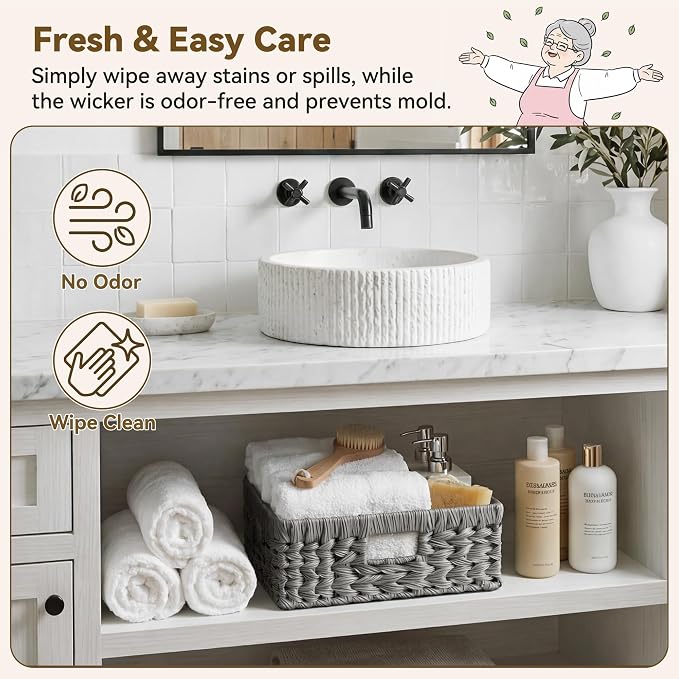 GRANNY SAYS Wicker Basket for Organizing, Wicker Storage Basket for Shelves, Woven Basket for Pantry Storage, Rectangle Basket, Gray, 1-Pack