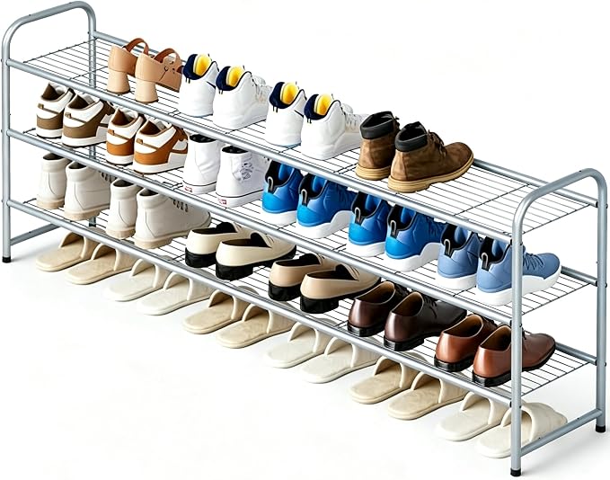 KEETDY 3-Tier Long Shoe Rack for Closet Metal Shoe Organizer for Entryway, Wide Stackable Shoe Storage Shelf with Sturdy Wire Grid for Closet Floor, Bedroom, Grey