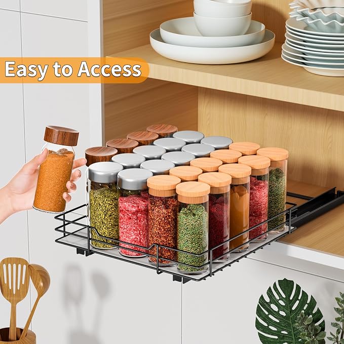RCHYFEED Pull Out Spice Rack Organizer for Cabinet,10.5" Wx10.5Dx2.5H | Heavy Duty Spice Cabinet Organizer Metal Pull Out Spice Rack Vertical Spice Shelf for Cabinets & Pantry