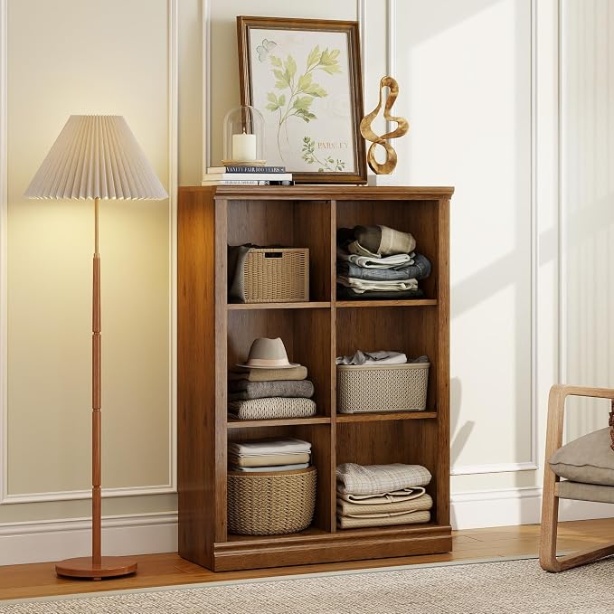 3 Tiers 6 Cube Storage Organizer Bookcase, 30 inch Width Wooden Book Shelf | 6 Storage Cube Adjustable Space Book Case, Vertical Bookshelf Display Cabinet Organizer for Home Library Office, Vintage Oak