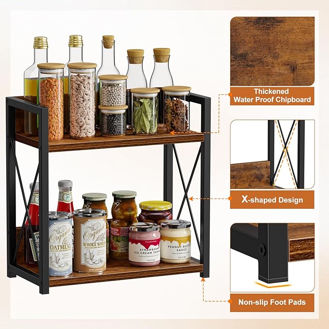 Giikin Kitchen Counter Shelf, Kitchen Countertop Organizer, 2 Tier Spice Rack for Counter, Wood Coffee Bar Organizer for Coffee Station (Brown, L)