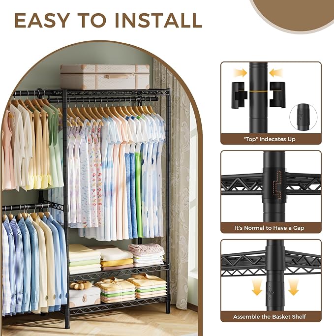 Golpart Heavy Duty Clothes Rack Metal Wardrobe with Adjustable Wire Shelves | Closet Organizers and Storage Clothing Rack Metal System Freestanding Hanging Clothes System Free Standing Garment Coat Racks