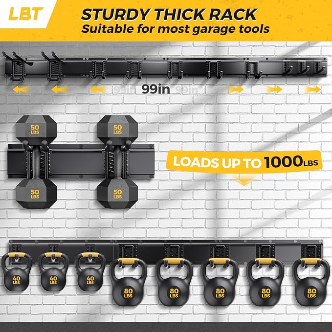 LBT 99" Garage Tool Organizer Wall Mount - 1000lbs Garden Tool Organizer | Anti-Rust, Adjustable Hooks, Sheds Garden Tool Organizer Black, Gifts For Men Dad Husband