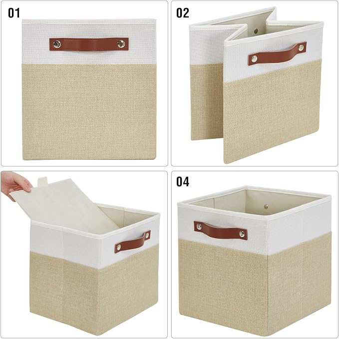 Bagnizer Collapsible Fabric Storage Cube Bins with 2 Reinforced PU Handles, Foldable Storage Organizer Baskets for Closet, Shelves, Living Room | 11"x11"x11", 4 Pack, Beige & White