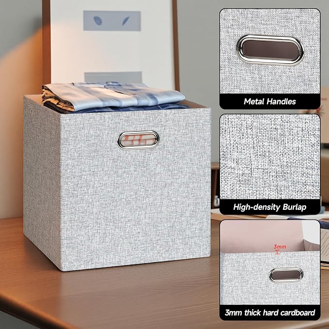Posprica Collapsible Storage Bins,13×13 Foldable Storage Cube Boxes Fabric Drawer Fabric Storage Bins Vinyl Record Woven Gray, 4 Pack
