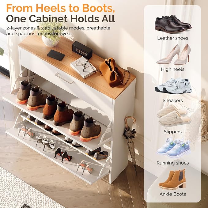 VINGLI Shoe Cabinet for Entryway, Slim Shoe Rack Storage Organizer with 3 Flip Drawers, Modern White Hidden Shoe Shelf with Oak Top, Narrow Free Standing Sneaker Cabinet for Hallway, 9.5" Depth