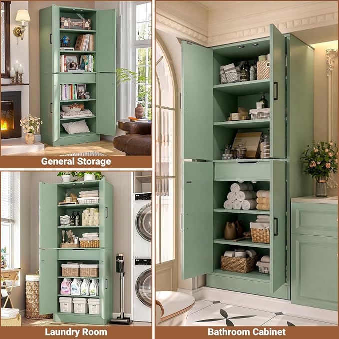 Unikito 71" Tall Kitchen Pantry Storage Cabinet with Farmhouse Barn Doors | Storage Drawer, 4 Adjustable Shelves, Freestanding Cupboard for Dining Room, Living Room, Utility Room, Green